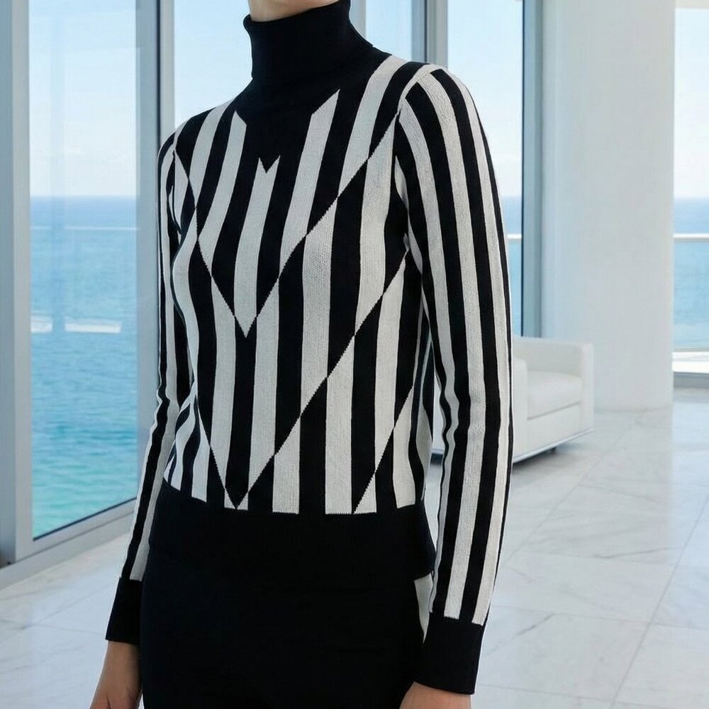 $260 SAUNDERS Black White striped sweater L modern minimalist bold!
